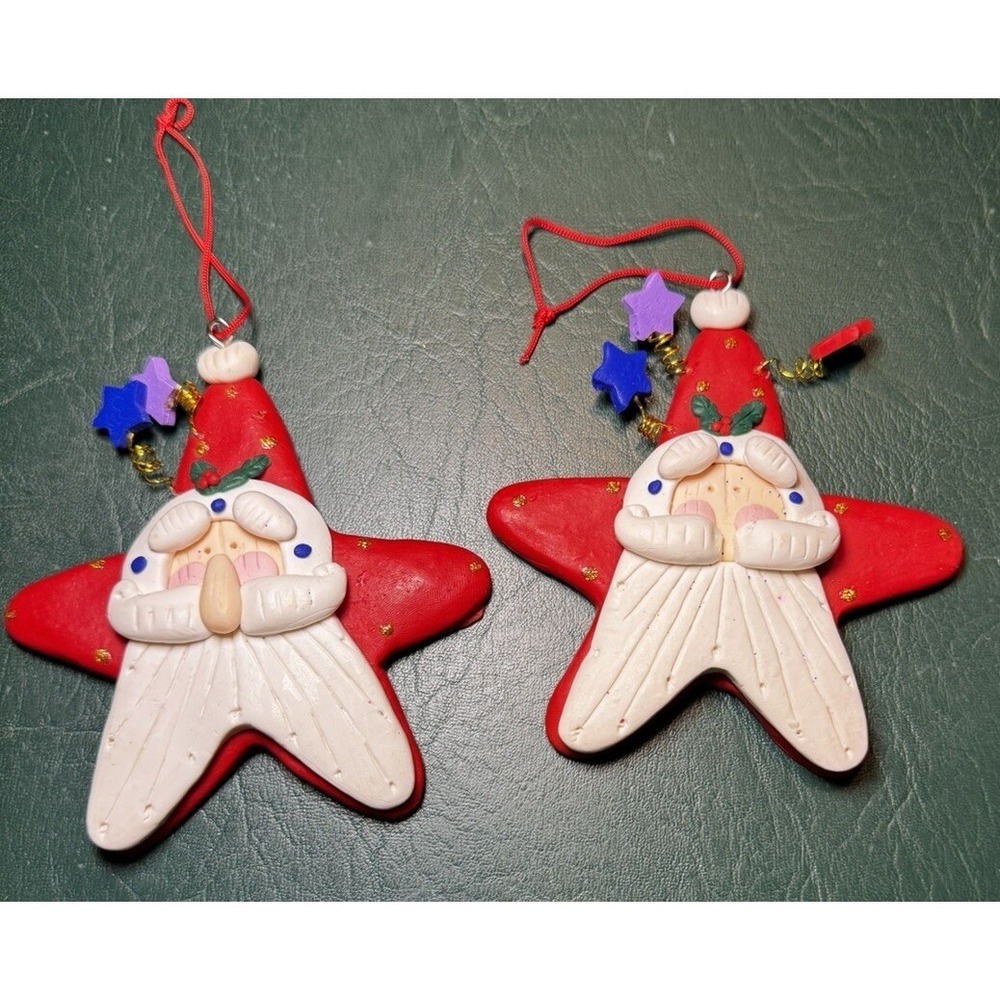Lot of 2 Star Shaped Santa Face  Christmas Ornaments 3.5"x4"